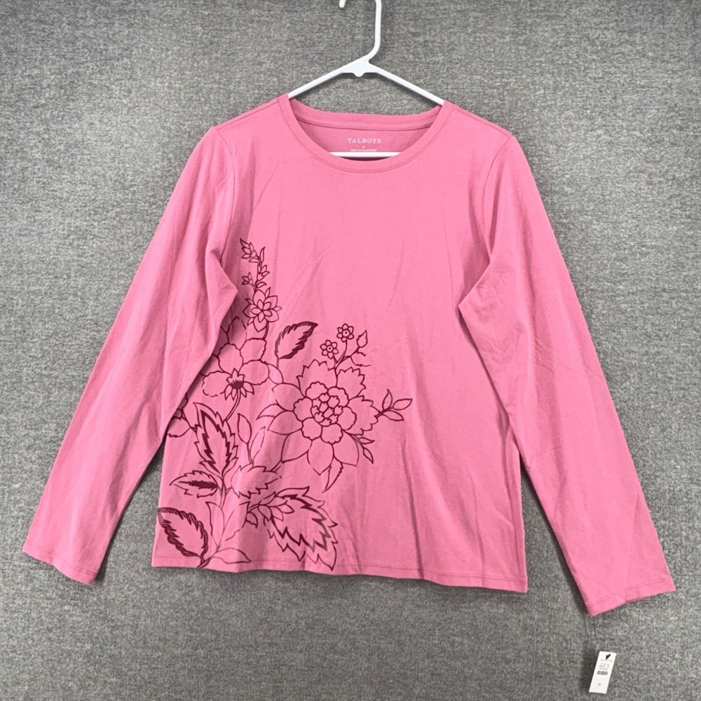 Talbots Top Long Sleeve Women Size Medium Pink Floral Print  Cotton Casual NEW
